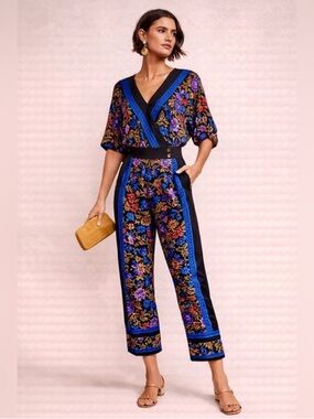 Anthropologie ett:twa Floral Border Print Jumpsuit Boho Blue Size 0